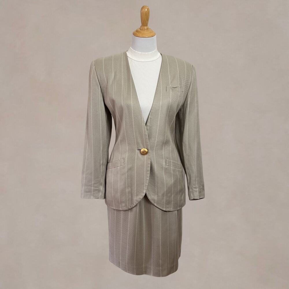 Vintage 90s Amanda Smith Skirt Blazer Suit Set Beige Pinstripe 10